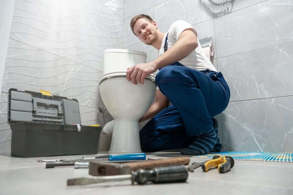 smiling man doing toilet repair